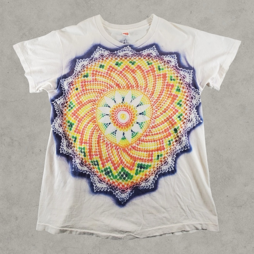 Vintage Hanes Shirt Mens XL White 80s Tye Dye Fractal Art Zen Stoner Hippie Rare